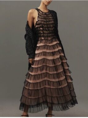 Anthropologie Black and Blush Tiered Tulle Maxi Dress